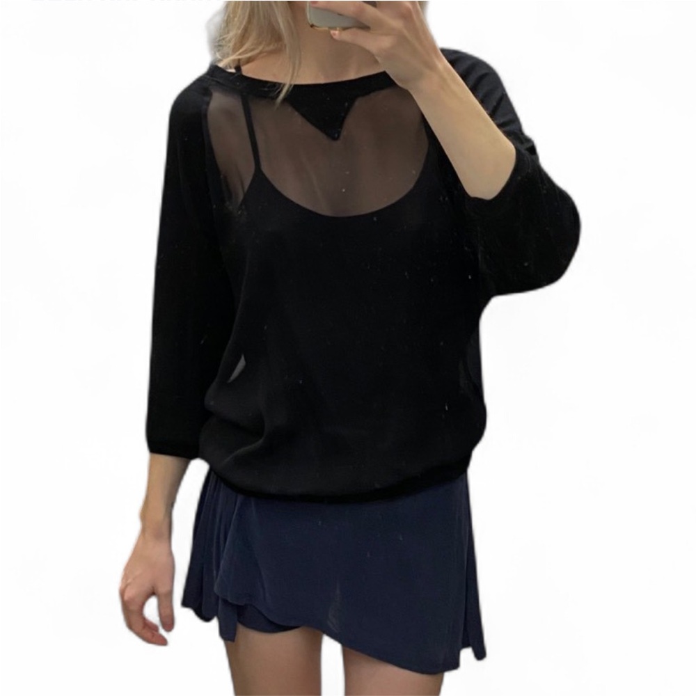 Heather 3/4 Sleeve Black Sheer Open-Back Top with Built-In Camisole